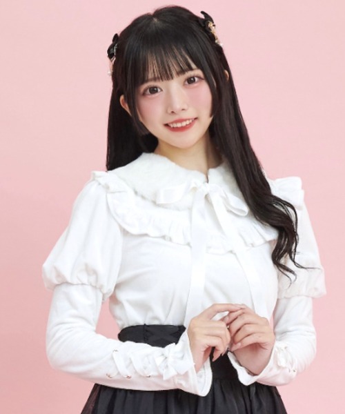 Secret Honey(シークレットハニー)の「ファーティペット付ベロアトップス(Tシャツ/カットソー・レディース・ブルー/オフホワイト/ピンク・FREE)」の2枚目の写真