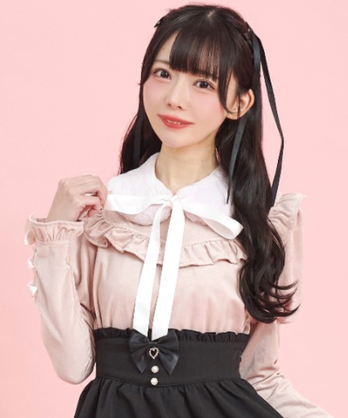 Secret Honey(シークレットハニー)の「ファーティペット付ベロアトップス(Tシャツ/カットソー・レディース・ブルー/オフホワイト/ピンク・FREE)」の1枚目の写真