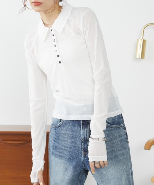 Auntie Rosa Holiday(アンティローザホリデー)の「パワーメッシュシアーポロトップス(Tシャツ/カットソー・レディース・チャコールグレー/ネイビー/オフホワイト・FREE)」の1枚目の写真
