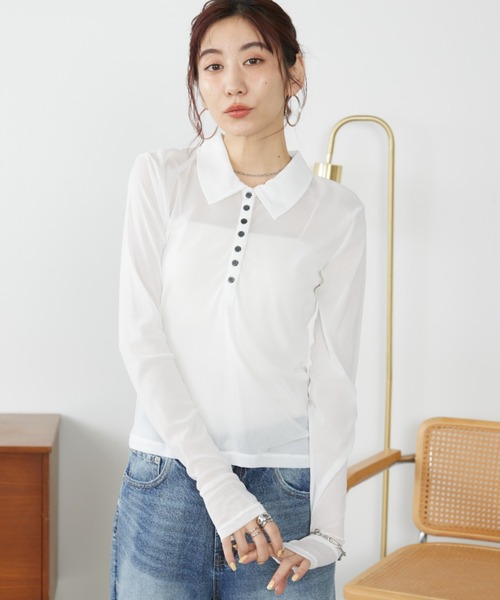 Auntie Rosa Holiday(アンティローザホリデー)の「パワーメッシュシアーポロトップス(Tシャツ/カットソー・レディース・チャコールグレー/ネイビー/オフホワイト・FREE)」の4枚目の写真