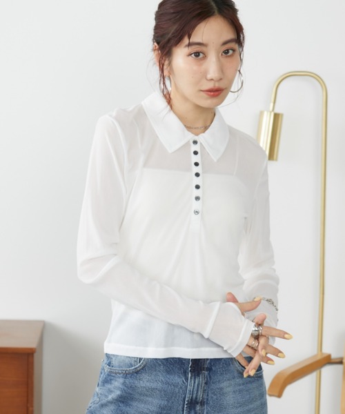 Auntie Rosa Holiday(アンティローザホリデー)の「パワーメッシュシアーポロトップス(Tシャツ/カットソー・レディース・チャコールグレー/ネイビー/オフホワイト・FREE)」の12枚目の写真