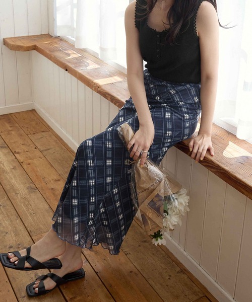 CHAN ME(チャンミ)の「チュールチェック柄スカート(スカート・レディース・グリーン/ネイビー/ブラック・SMALL/MEDIUM/LARGE/X-LARGE)」の12枚目の写真