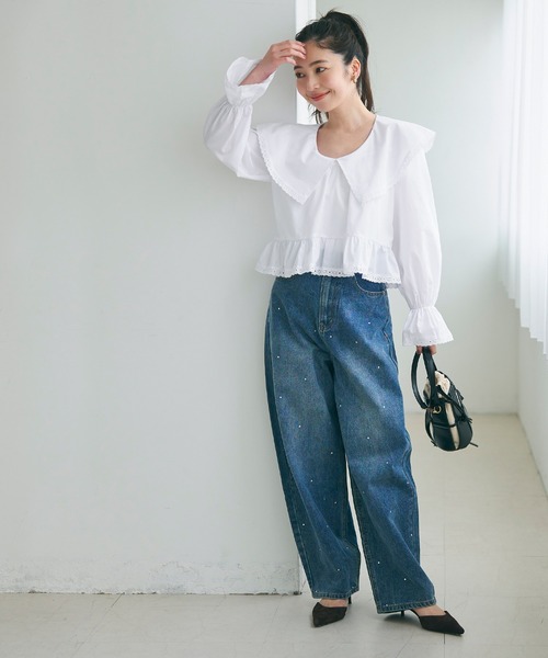 coca（coca）（コカ）の「【WEB限定セール】ビックカラーレース付きギャザーブラウス（シャツ/ブラウス・レディース・ブラック/ホワイト・L/M）」の7枚目の写真