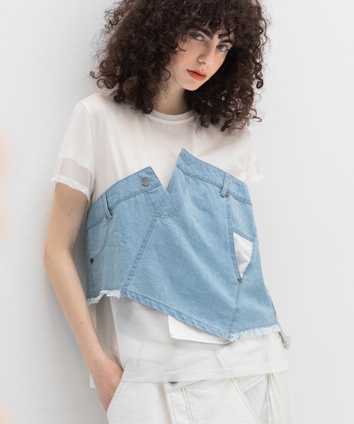 AULA AILA(アウラアイラ)の「デニムレイヤードTシャツ(Tシャツ/カットソー・レディース・ブラック/ライトブルー/インディゴブルー・0)」の1枚目の写真