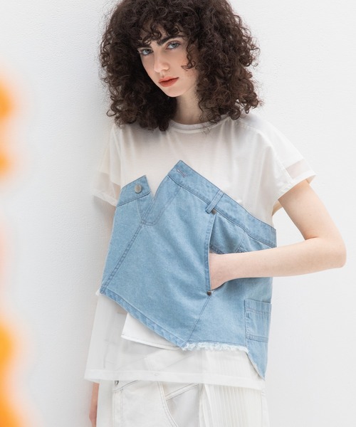 AULA AILA(アウラアイラ)の「デニムレイヤードTシャツ(Tシャツ/カットソー・レディース・ブラック/ライトブルー/インディゴブルー・0)」の7枚目の写真