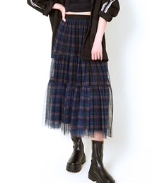 《柄チュール×ティアード》レディース ロングスカート 透け感レイヤード 春夏秋冬