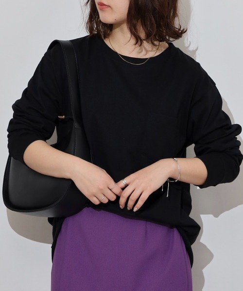 FUNALIVE（ファンアライブ）の「無地　クルーネックロンT（Tシャツ/カットソー・レディース・ブラック/ホワイト/グリーン/ネイビー/ベージュ/杢グレー・M/L/LL/3L/S）」の2枚目の写真