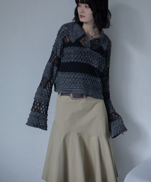 【新品未使用】OLD バレンシアガ　長袖ポロシャツ　リネン混　透かし編み　BB セール】透かし編みポロ衿プルオーバー/新色追加（ポロシャツ