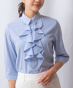 【NARACAMICIE】ストレッチストライプフリル衿半袖シャツ NARACAMICIE】ストレッチストライプフリル衿半袖シャツ(3(2L)13