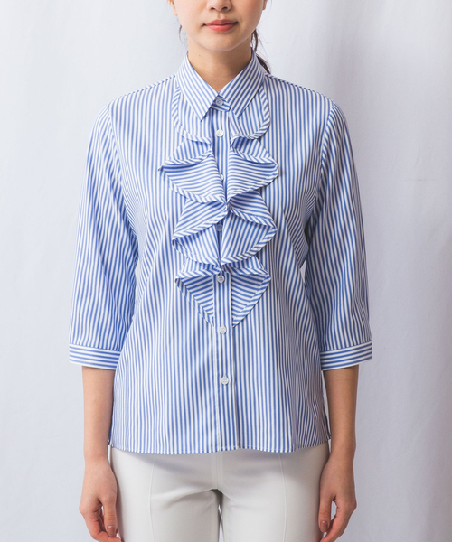 NARACAMICIE（ナラカミーチェ）の「【NARACAMICIE】ストレッチストライプフリル七分袖シャツ（シャツ/ブラウス・レディース・ブルー/グレー・L/M/XXL/XL/S）」の7枚目の写真