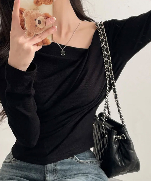 VIVID LADY（ビビッドレディー）の「ドレープ リブＴシャツ 長袖（Tシャツ/カットソー・レディース・ベージュ/ホワイト/ピンク/ブラック・FREE）」の11枚目の写真