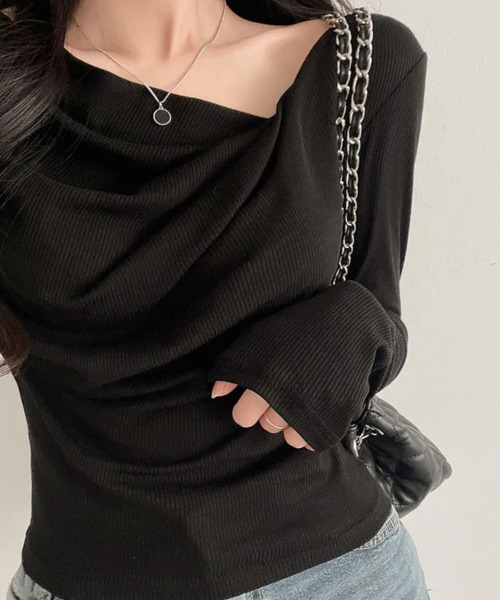 VIVID LADY（ビビッドレディー）の「ドレープ リブＴシャツ 長袖（Tシャツ/カットソー・レディース・ベージュ/ホワイト/ピンク/ブラック・FREE）」の9枚目の写真