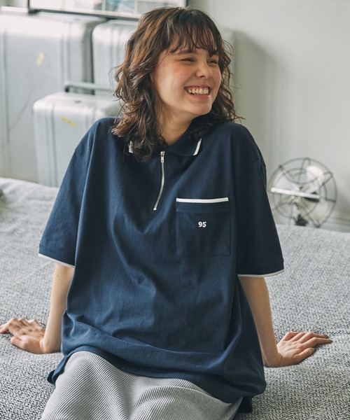 ナンバリング刺繍 配色ライン ハーフジップ ポロシャツ MONO-MART