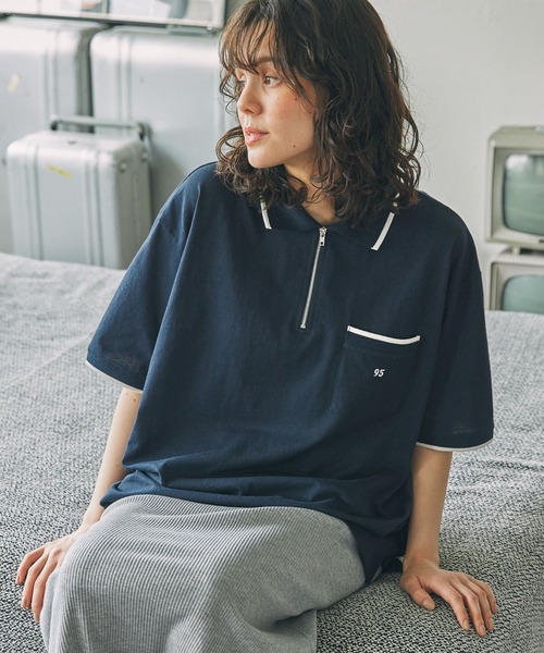 PEOPLESTYLE ナンバープリント ハーフジップポロシャツ 男女兼用 セール】ナンバリング刺繍 配色ライン ハーフジップ ポロシャツ
