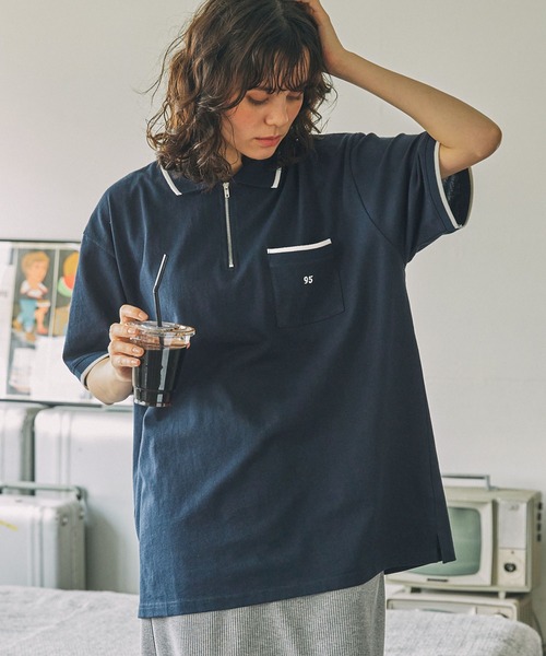 M1dyまとめ売り セール】ナンバリング刺繍 配色ライン ハーフジップ ポロシャツ