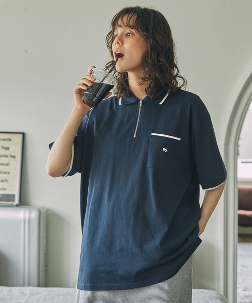 M1dyまとめ売り セール】ナンバリング刺繍 配色ライン ハーフジップ ポロシャツ