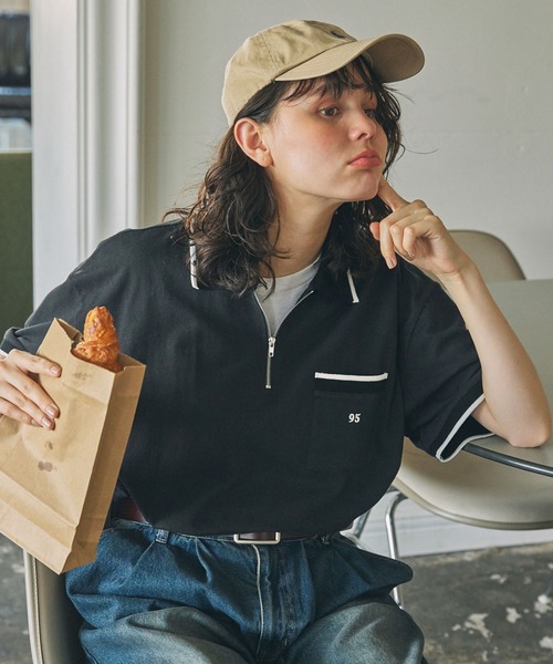 セール】ナンバリング刺繍 配色ライン ハーフジップ ポロシャツ