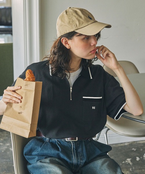 M1dyまとめ売り セール】ナンバリング刺繍 配色ライン ハーフジップ ポロシャツ