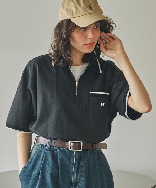 みるぷ ナンバリング刺繍 配色ライン ハーフジップ ポロシャツ MONO-MART