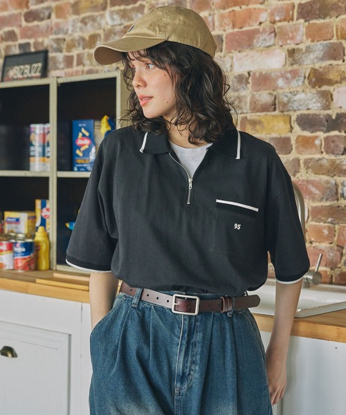 おたまる、ページ セール】ナンバリング刺繍 配色ライン ハーフジップ ポロシャツ