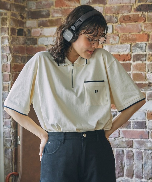 M1dyまとめ売り セール】ナンバリング刺繍 配色ライン ハーフジップ ポロシャツ