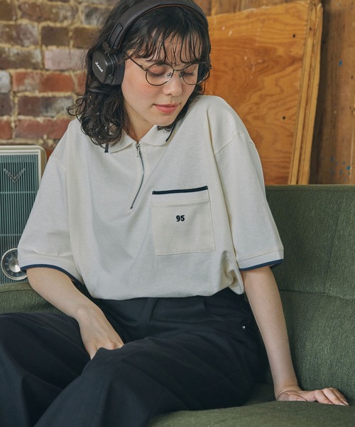 セール】ナンバリング刺繍 配色ライン ハーフジップ ポロシャツ