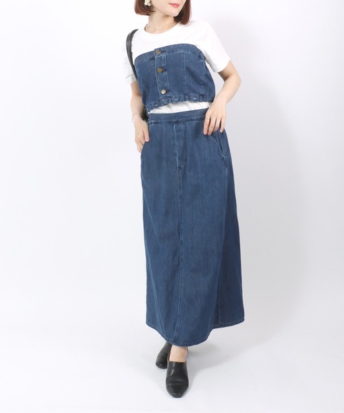 Lee（リー）の「Lee（リー）COMFORT BUSTIER SKIRT/ マルチウェイ デニム・ツイルブラック オールインワンスカート レディース（つなぎ/オールインワン・レディース・ブラック系その他/インディゴブルー・S/M）」の2枚目の写真