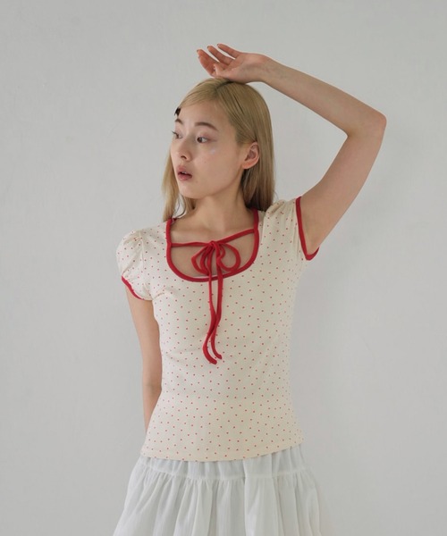 セール】パフスリーブドットリボントップス ribbon puff tops（Tシャツ