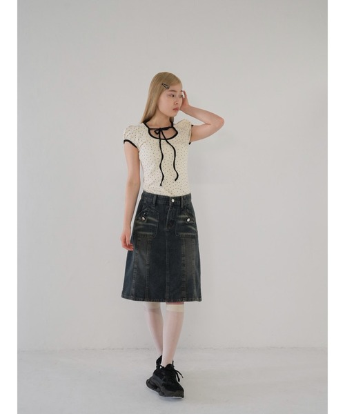 Uenui（ウニュイ）の「パフスリーブドットリボントップス　ribbon puff tops（Tシャツ/カットソー・レディース・ブラック/レッド・FREE）」の8枚目の写真