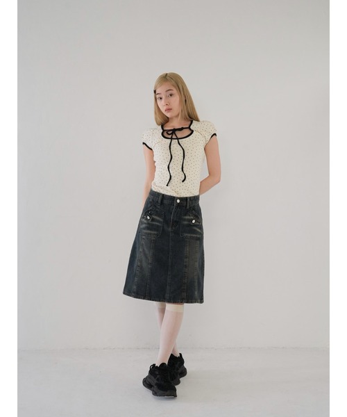 セール】パフスリーブドットリボントップス ribbon puff tops（T