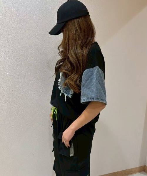 tシャツ デニム風シワ加工ドッキングTシャツ レディース original デニム風シワ加工ドッキングTシャツ | whispersabae