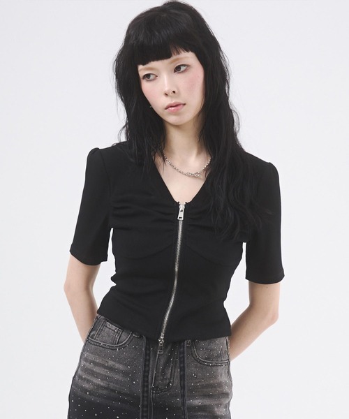 セール】センタージップギャザートップス（Tシャツ/カットソー