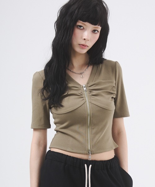 セール】センタージップギャザートップス（Tシャツ/カットソー