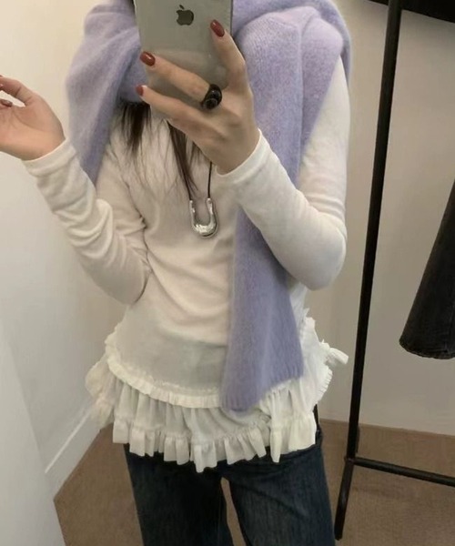 HALEY PESCA（ヘーリーペスカ）の「HALEY PESCA　/裾フリル　長袖レイヤードチュニック（Tシャツ/カットソー・レディース・ホワイト/ブラック・LARGE/MEDIUM/SMALL）」の11枚目の写真