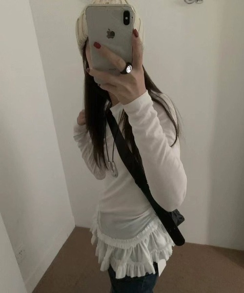 HALEY PESCA（ヘーリーペスカ）の「HALEY PESCA　/裾フリル　長袖レイヤードチュニック（Tシャツ/カットソー・レディース・ホワイト/ブラック・LARGE/MEDIUM/SMALL）」の13枚目の写真