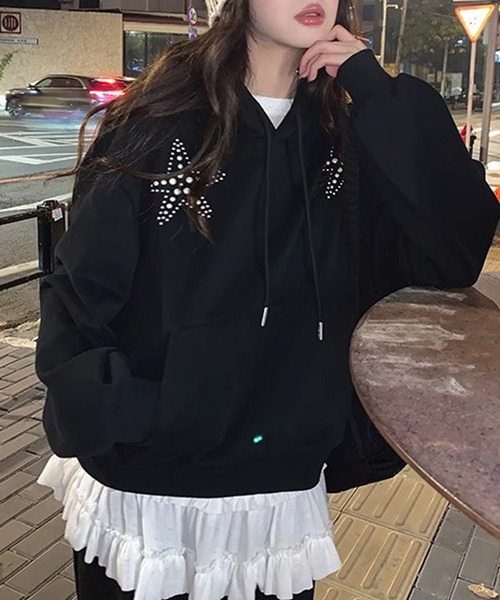 HALEY PESCA（ヘーリーペスカ）の「HALEY PESCA　/裾フリル　長袖レイヤードチュニック（Tシャツ/カットソー・レディース・ホワイト/ブラック・LARGE/MEDIUM/SMALL）」の15枚目の写真