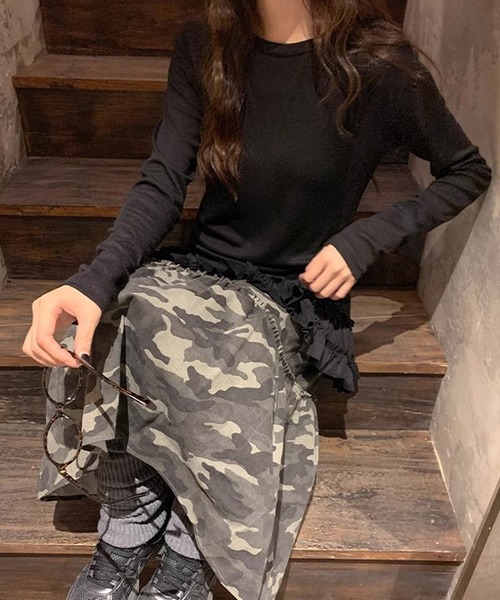 HALEY PESCA（ヘーリーペスカ）の「HALEY PESCA　/裾フリル　長袖レイヤードチュニック（Tシャツ/カットソー・レディース・ホワイト/ブラック・LARGE/MEDIUM/SMALL）」の5枚目の写真