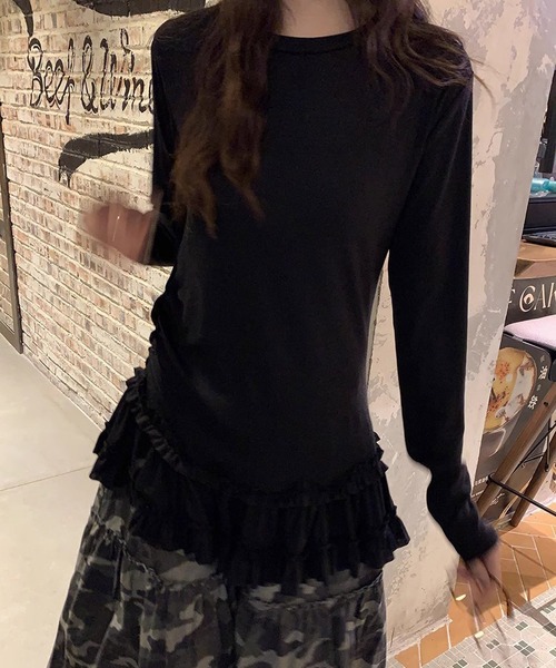 HALEY PESCA（ヘーリーペスカ）の「HALEY PESCA　/裾フリル　長袖レイヤードチュニック（Tシャツ/カットソー・レディース・ホワイト/ブラック・LARGE/MEDIUM/SMALL）」の10枚目の写真