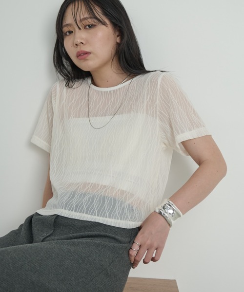Aunt Marie's（アントマリーズ）の「ニュアンスウェーブシアーハーフスリーブトップス（Tシャツ/カットソー・レディース・ブラック/ライトブルー/ライトイエロー/ホワイト/ピンク・FREE）」の2枚目の写真