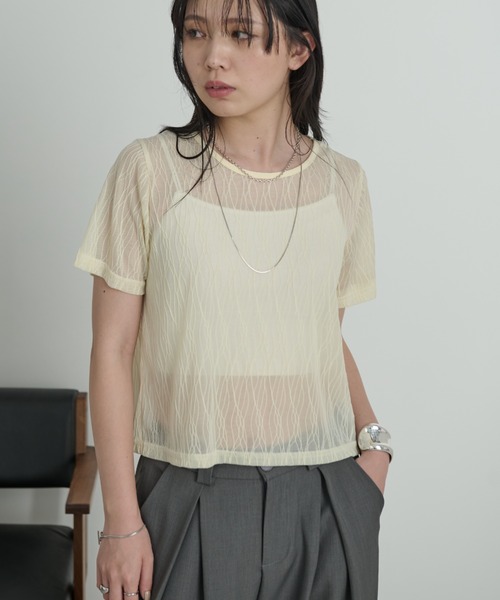 Aunt Marie's（アントマリーズ）の「ニュアンスウェーブシアーハーフスリーブトップス（Tシャツ/カットソー・レディース・ブラック/ライトブルー/ライトイエロー/ホワイト/ピンク・FREE）」の9枚目の写真