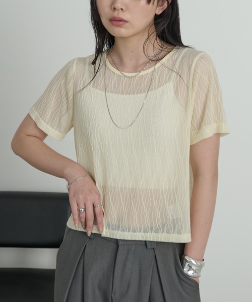 Aunt Marie's（アントマリーズ）の「ニュアンスウェーブシアーハーフスリーブトップス（Tシャツ/カットソー・レディース・ブラック/ライトブルー/ライトイエロー/ホワイト/ピンク・FREE）」の8枚目の写真