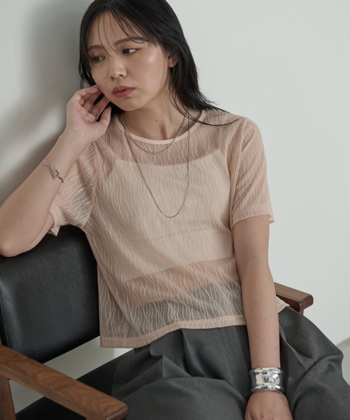 Aunt Marie's（アントマリーズ）の「ニュアンスウェーブシアーハーフスリーブトップス（Tシャツ/カットソー・レディース・ブラック/ライトブルー/ライトイエロー/ホワイト/ピンク・FREE）」の20枚目の写真