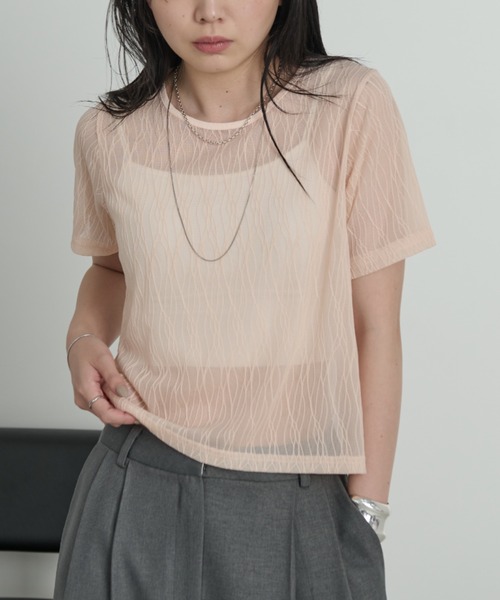 Aunt Marie's（アントマリーズ）の「ニュアンスウェーブシアーハーフスリーブトップス（Tシャツ/カットソー・レディース・ブラック/ライトブルー/ライトイエロー/ホワイト/ピンク・FREE）」の17枚目の写真