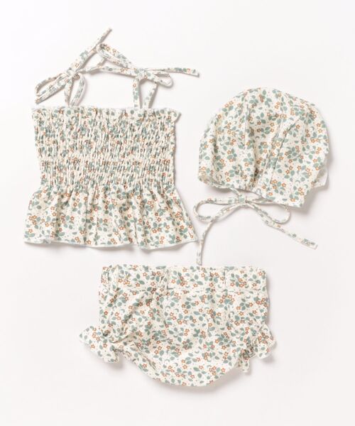 aimoha(アイモハ)の「【aimoha-KIDS-】キッズ 花柄シャーリングビキニ 2点セット (SS)(水着・キッズ・ライトベージュ/ダークグリーン・90/100/110/120/130/140)」の3枚目の写真