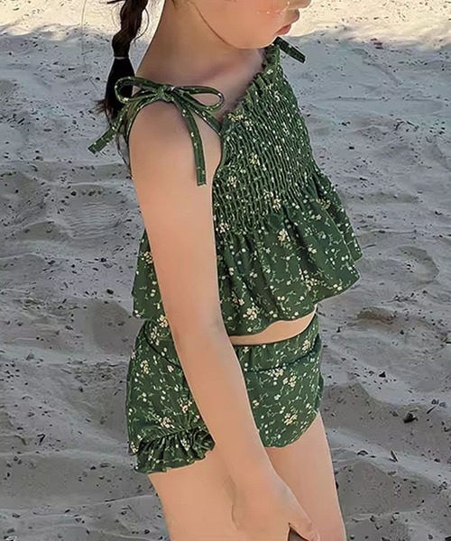 aimoha(アイモハ)の「【aimoha-KIDS-】キッズ 花柄シャーリングビキニ 2点セット (SS)(水着・キッズ・ライトベージュ/ダークグリーン・90/100/110/120/130/140)」の2枚目の写真