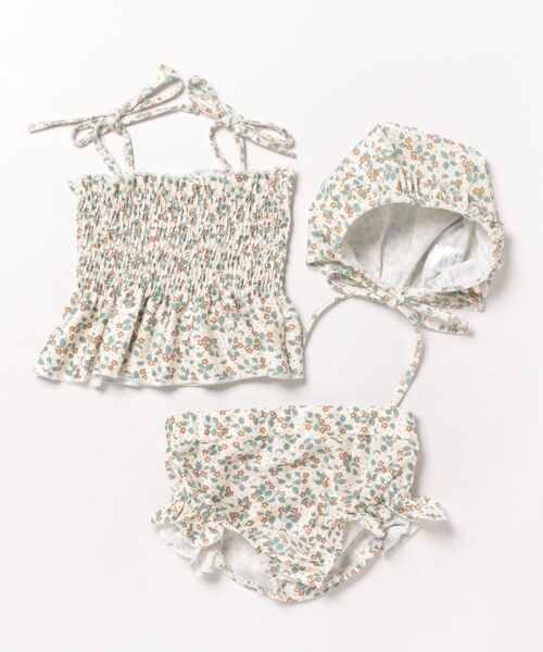 aimoha(アイモハ)の「【aimoha-KIDS-】キッズ 花柄シャーリングビキニ 2点セット (SS)(水着・キッズ・ライトベージュ/ダークグリーン・90/100/110/120/130/140)」の4枚目の写真