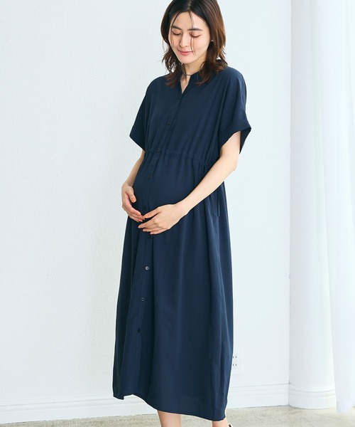 Rosemadame(ローズマダム)の「麻調合繊スキッパ― ドロストシャツワンピース(マタニティ/授乳服)授乳口付き 授乳楽々 妊婦服 産前・産後対応(ワンピース・レディース・ネイビー/ブラウン・M/L/LL)」の1枚目の写真