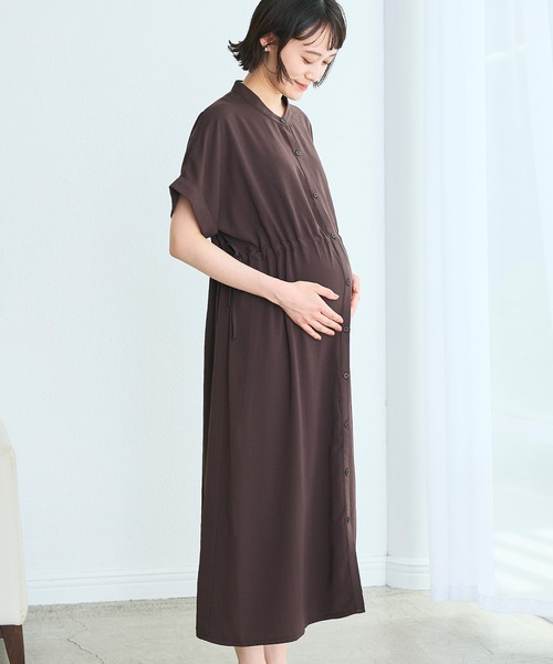 Rosemadame(ローズマダム)の「麻調合繊スキッパ― ドロストシャツワンピース(マタニティ/授乳服)授乳口付き 授乳楽々 妊婦服 産前・産後対応(ワンピース・レディース・ネイビー/ブラウン・M/L/LL)」の2枚目の写真