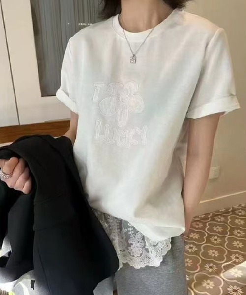 Lace Ladies(レースレディース)の「フラワー ロゴ レース モチーフ 半袖 Tシャツ(Tシャツ/カットソー・レディース・ホワイト/グレー・XL/M)」の1枚目の写真