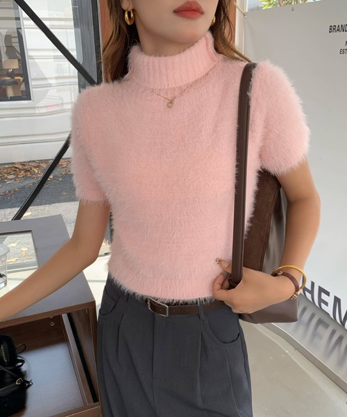 セール】ハイネック半袖シャギーニットトップス（ニット/セーター